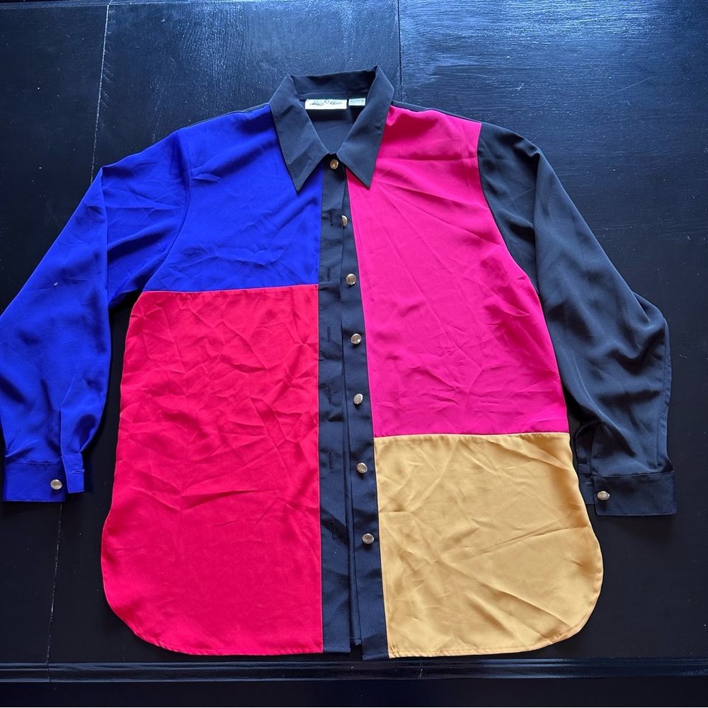 Vintage Size 14 Yves St. Clair Red and Blue Casual Button Down Shirt 80s Colorbl